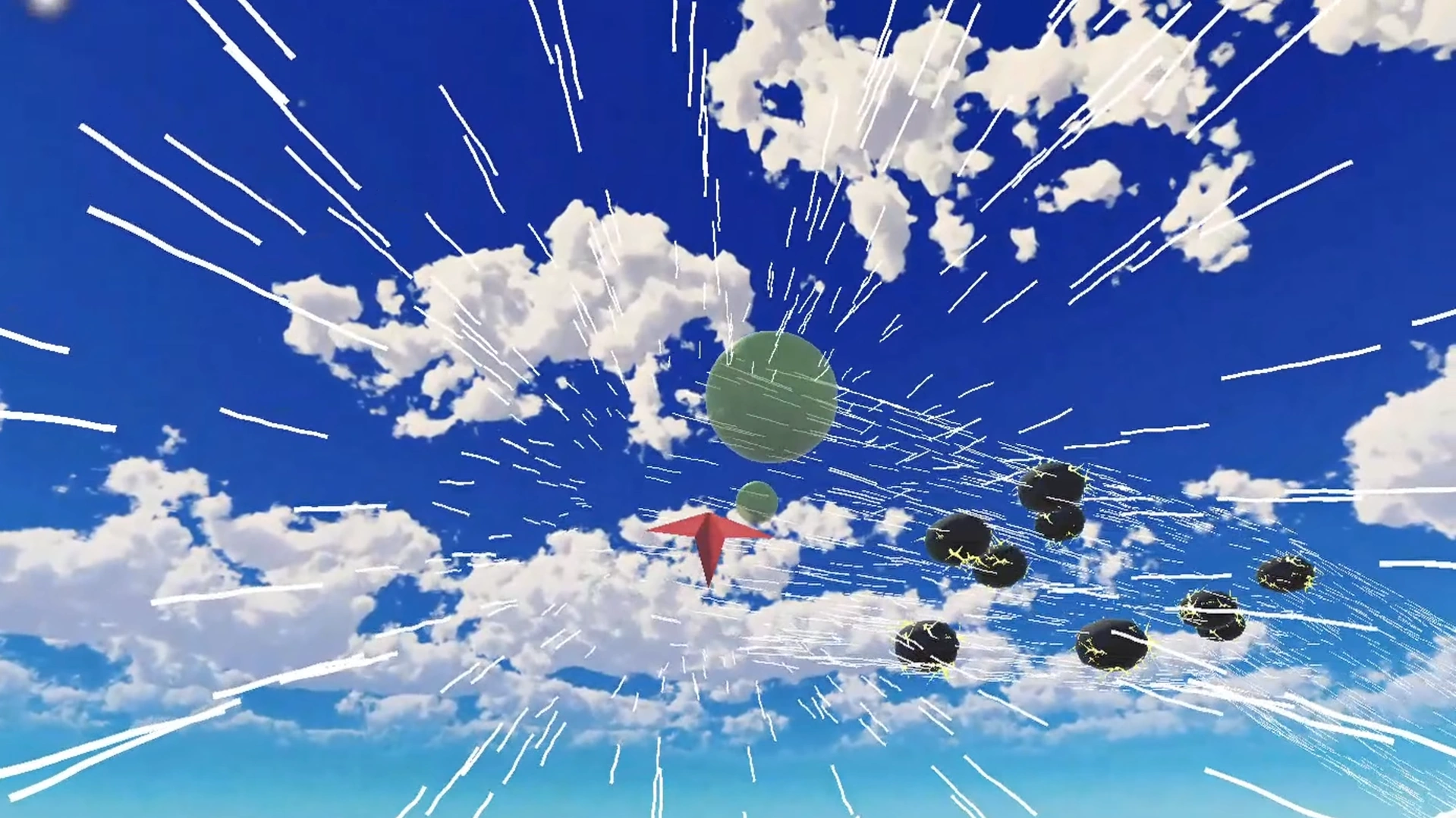 The player flying trough a wind tunnel