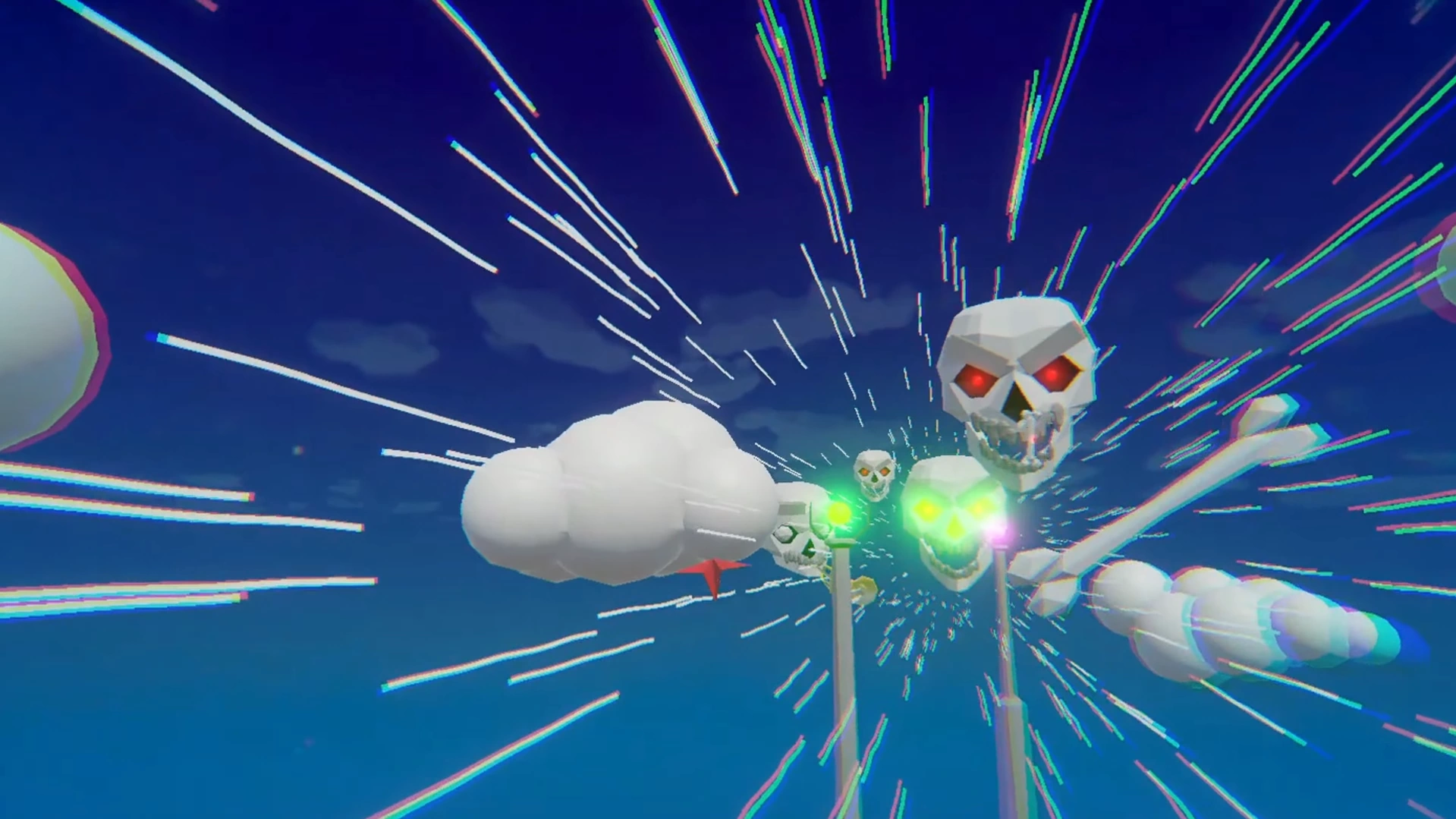 The player flying forwards a skull and dodging it