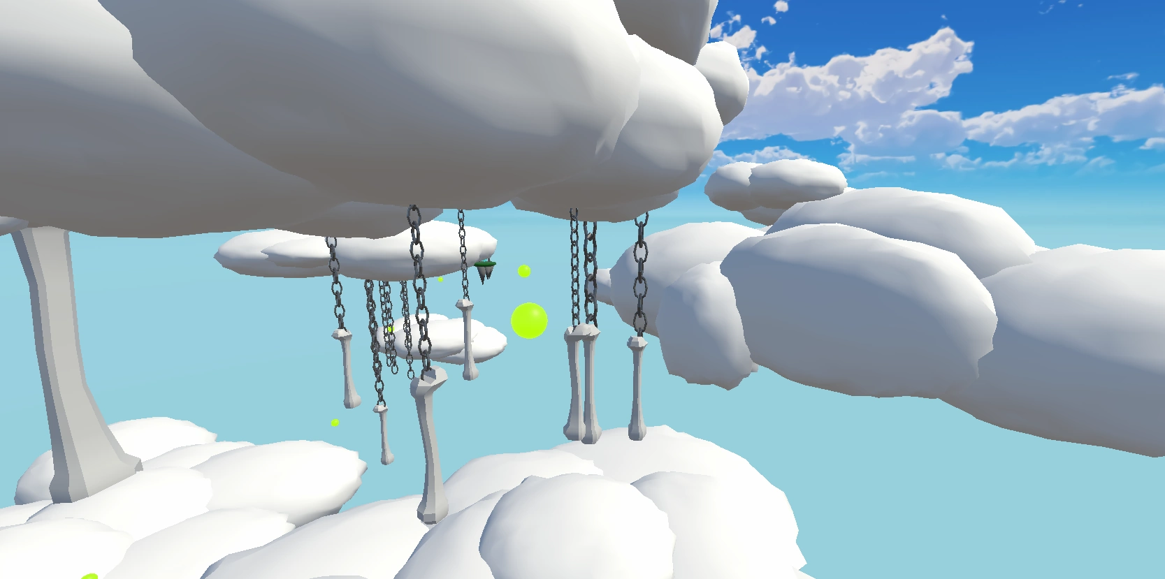 An image of a level that contains cloud that have chains coming from them and the chains holding bones