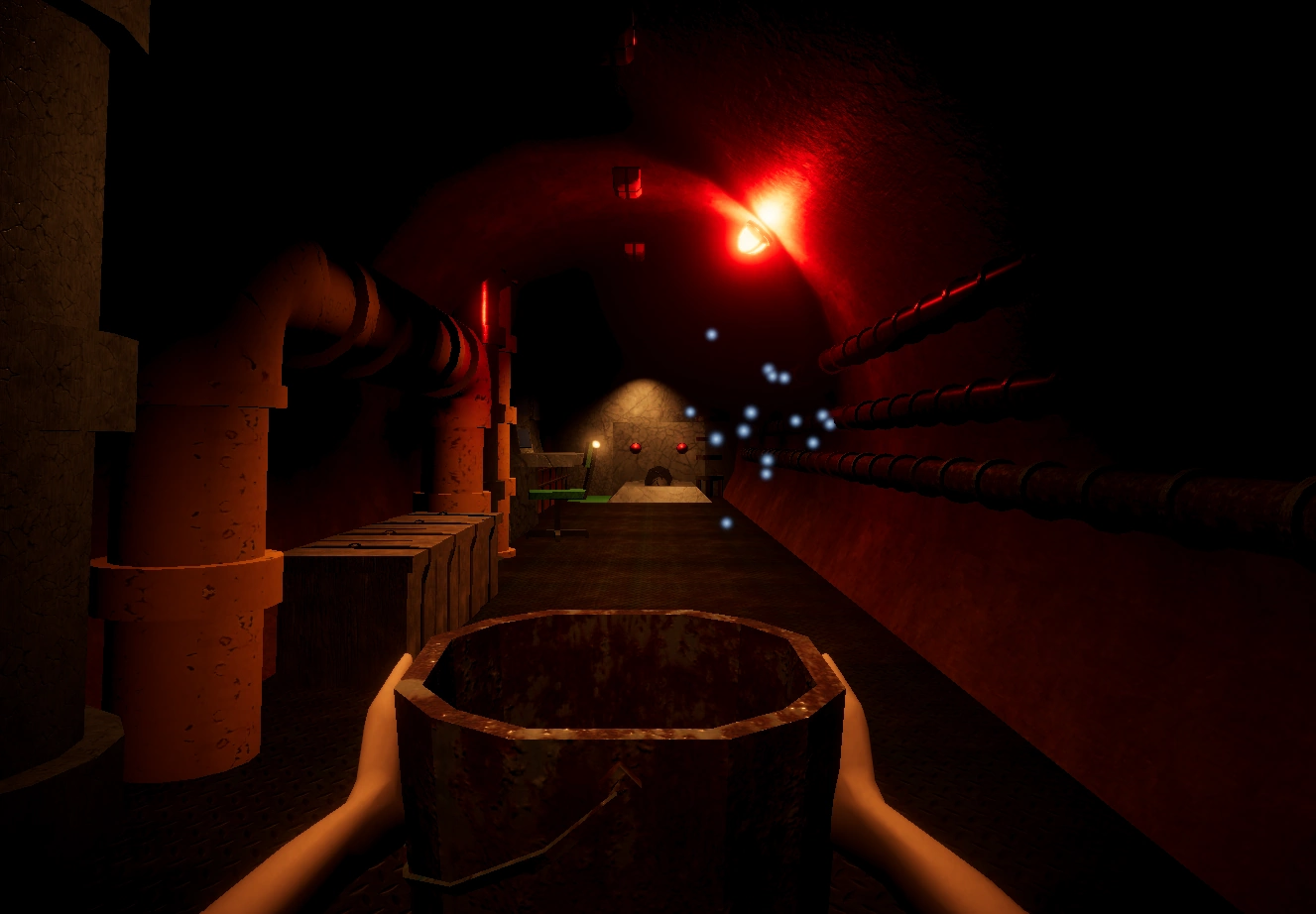 The player holding a bucket ready to pick up the drip of water from the leak